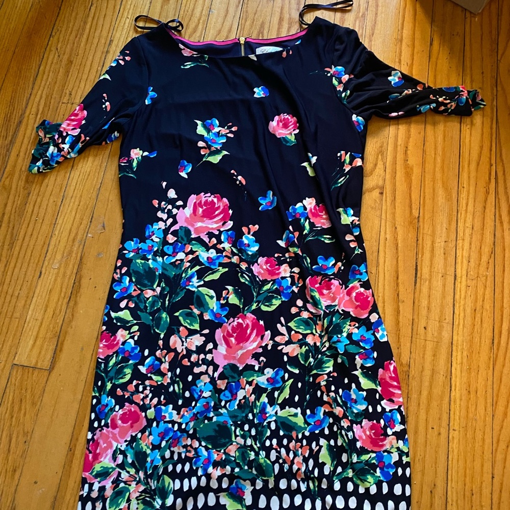 Eliza J floral dress; details look like watercolor! Quarter sleeve.
